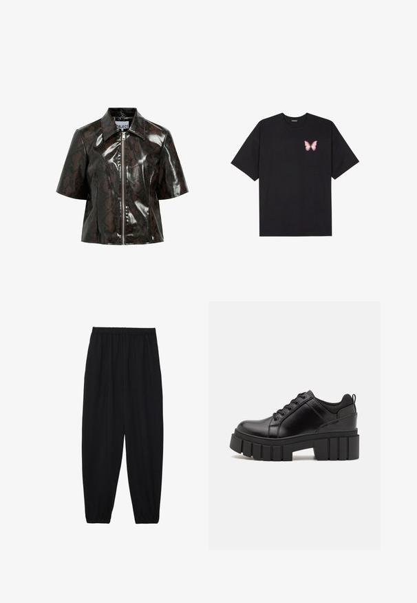 Skrajšana jakna iz umetnega usnja s črnim vzorcem kače, s kratkimi rokavi in sprednjim zadrgo. Ima klasičen ovratnik in sijočo teksturo.; Črna bombažna majica s kratkimi rokavi, ki ima majhen roza metuljček na levi strani prsnega dela. Majica s krožnim ovratnikom in sproščenim krojem.; Črne, lahke hlače z elastičnim pasom in nabranimi gležnji. Tkanina je gladka in ima sproščen, taperiran dizajn.; Črne usnjene platforme z debelim blokastim petam, okroglo konico in klasičnim vezanjem. Imajo gladko teksturo in minimalne podrobnosti.