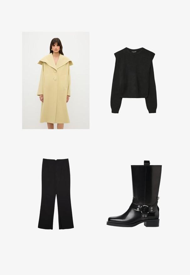 Dlouhý krémový kabát z měkké tkaniny. Má velký límec, dva knoflíky a boční kapsy. Rovný střih s délkou do poloviny lýtek.; Černý pletený svetr s dlouhými rukávy, vycpanými ramenními částmi a ribbovanými manžetami a lemem, zobrazený na bílém pozadí.; Černé kalhoty s rovným střihem, s předními kapsami a bočními rozparky na lemu. Vyrobené z jemné, hladké tkaniny. Vhodné na různé příležitosti.; Černá kožená vysoká bunda s špičatou špičkou, stříbrnými sponami a robustní podešví. Obsahuje poutko pro snadné obutí.