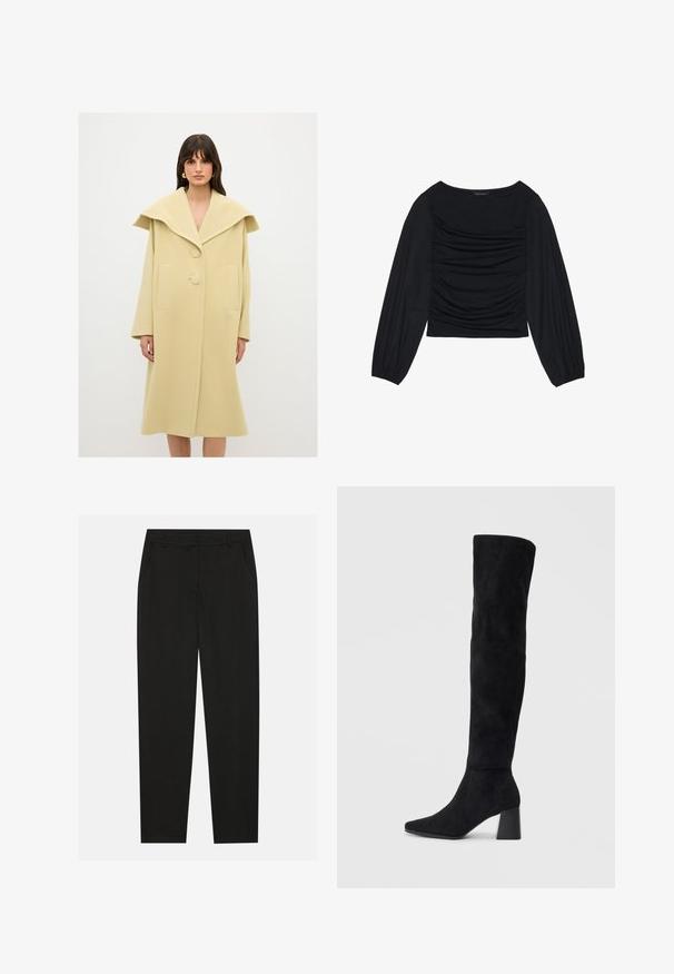 Langer, cremfarbener Mantel aus weichem Stoff. Verfügt über einen großen Kragen, zwei Knöpfe und seitliche Taschen. Gerader Schnitt mit knielanger Länge.; Schwarzes Langarmoberteil mit gerafftem Stoffdetail an der Vorderseite und an den Handgelenken, aus weichem, elastischem Material mit einem U-Boot-Ausschnitt.; Schwarze Hosen mit taillierter Passform, ausgestattet mit seitlichen Taschen und geradem Bein. Hergestellt aus glattem, leichtem Stoff mit einem eleganten Finish.; Schwarze Wildleder-Stiefel bis zum Knie mit Blockabsatz, spitzer Zehe und glattem, nahtlosem Design auf einem schlichten, hellen Hintergrund.