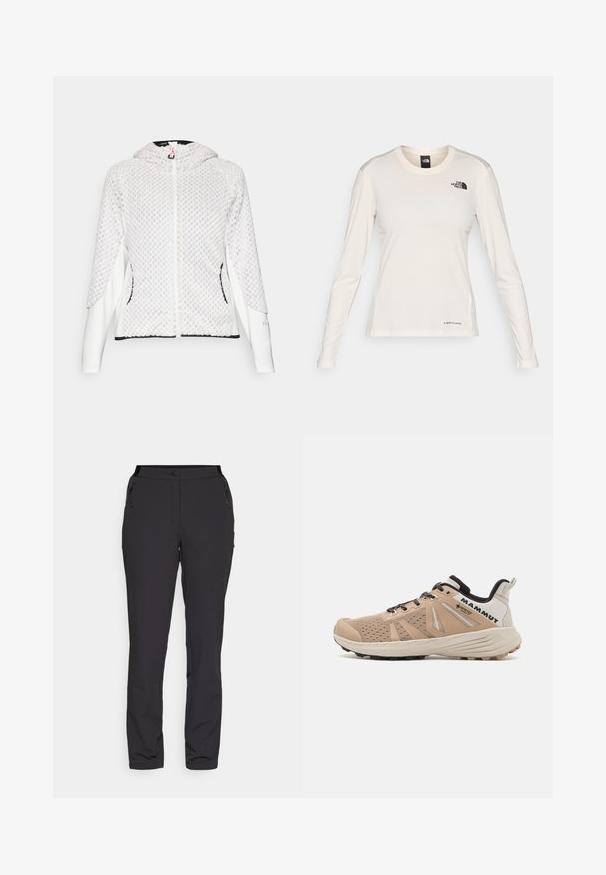 Bela kapuca z zadrgo, z teksturiranimi sprednjimi paneli, gladkimi dolgimi rokavi in žepi s črnimi robovi.; The North Face SHADOW LONG SLEEVE - Majica z dolgimi rokavi - white dune; Črne zunanje hlače, narejene iz lahkega materiala, imajo ravno obliko nogavic, zadrge na stranskih žepih in nastavljiv pas.; Moške pohodniške čevlje z bež mrežastim zgornjim delom, ojačanim koncem prstov, črnimi poudarki in trdnim podplatom za oprijem.