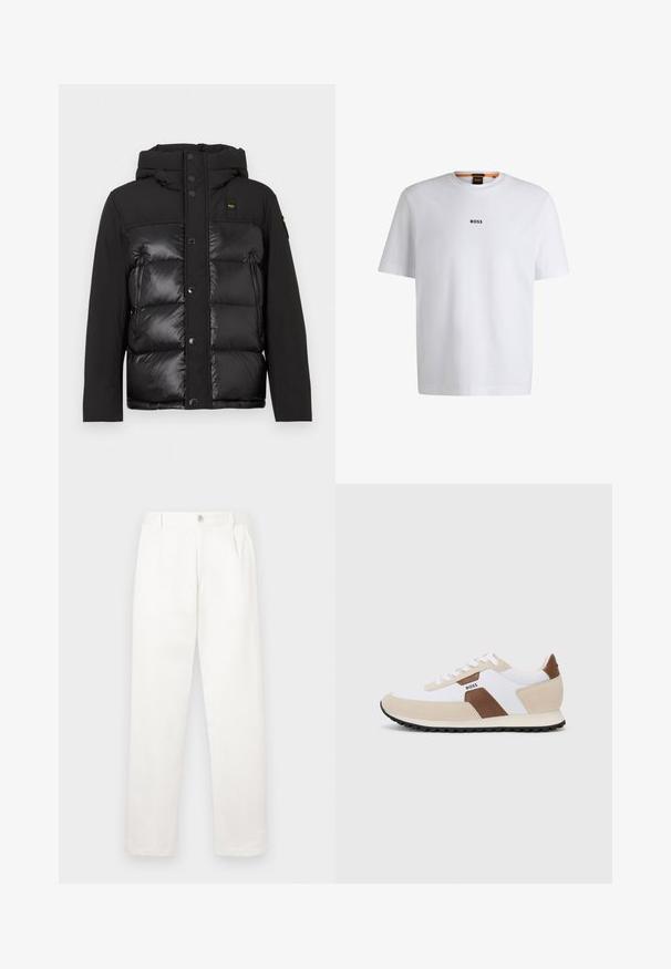 Fekete puffdzseki kapucnival, elől patentgombokkal és a matt és fényes textúrák kombinációjával. Oldalsó, cipzáras zsebbel és logóval ellátott folttal rendelkezik.; Fehér pamut póló rövid ujjakkal, középen fekete "BOSS" logóval a mellkason és kerek nyakú kialakítással.; Fehér nadrág sima anyagból, egyenes lábbal, elülső pliszékkal és egy gombos záródással a derékon.; Fehér hálós anyag és bézs velúr keverékével készült sportcipők, barna bőr díszítéssel. Lekerekített orr, lapos gumitalp és fűzős kivitel.