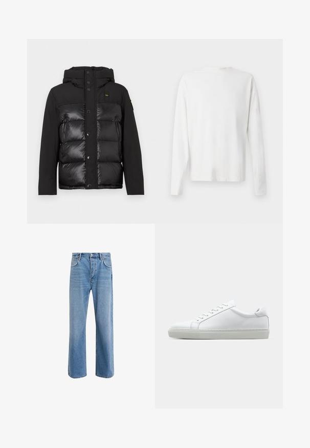 Chaqueta de plumas negra con capucha, botones de presión en el frente y una mezcla de texturas mate y brillantes. Incluye un bolsillo lateral con cremallera y parche con el logo.; Camisa de algodón blanca de manga larga con cuello redondo, aberturas laterales en la parte inferior y una textura suave, exhibida desde la parte de atrás.; Jeans de mezclilla azul claro con un diseño de pierna recta, cinco bolsillos, cierre de botón, ligeramente desgastados y detalles de costura en contraste.; Zapatilla blanca con parte superior de cuero liso y perfil bajo. Presenta una puntera redondeada, seis ojales y una suela de goma texturizada.