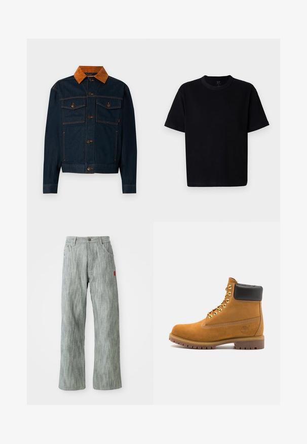 Tume sinine denim-jakk pruunist kordvoordist kraega, millel on nööpidega kinnitused, kaks rinna taskut ja kontrastõmblused.; Must musta t-särk, millel on ümmargune kaelus, lühikesed varrukad ja sirge lõige. Omab minimaalset õmblemist ja pehmet, siledat tekstuuri.; Heledad hallikas sirge säärega teksapüksid, millel on ees ja taga taskud, nupuga sulgemine ning väike punane kangast silt paremal küljel.; Küpset tan suede sääreboot musta pehmea kraega, kuldsed metallist silmad, valge õmblemise detailid ja robustne kummist tallaga, millel on väljendunud mustrid.