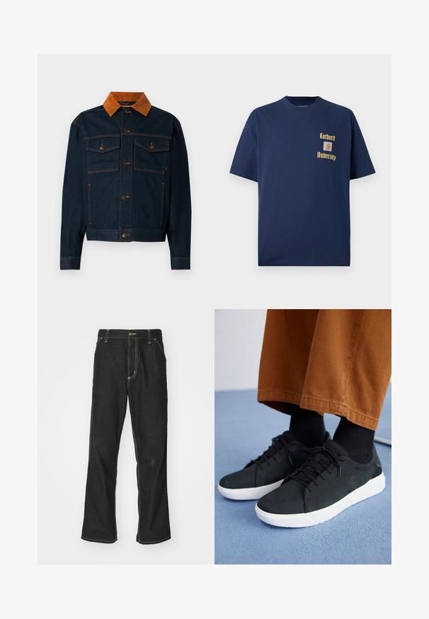 Dark blue denim jacket with a brown corduroy collar, featuring button closures, two chest pockets, and contrast stitching.; Navy blue cotton t-shirt with short sleeves, featuring gold text "Carhartt University" and a logo patch on the left chest.; Black denim jeans with a loose fit, featuring contrasting white stitching, a button closure, and a straight leg design.; Black suede sneakers with white rubber soles, featuring lace-up design, textured accents, and subtle branding, paired with brown pants.