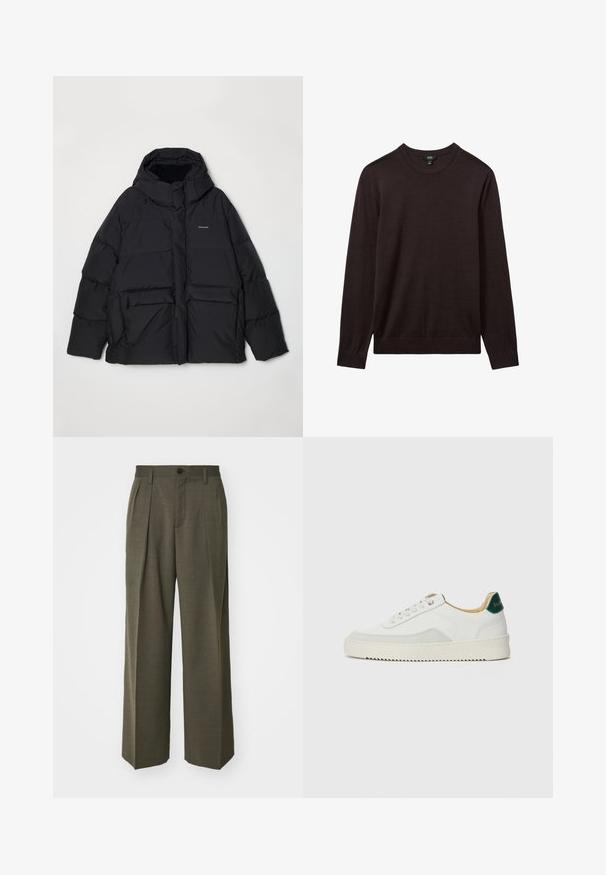 Holzweiler DOVRE JACKET - Sulejope - grey; Reiss Džemper - dark bordeaux; Filippa K WIDE TROUSERS - Püksid - driftwood; Valged tennisjalanõud, millel on sametised aktsendid, ümar varvas, lame nöörid ja kreemjas kummine põhja. Hästi nähtav roheline bränding kannal.