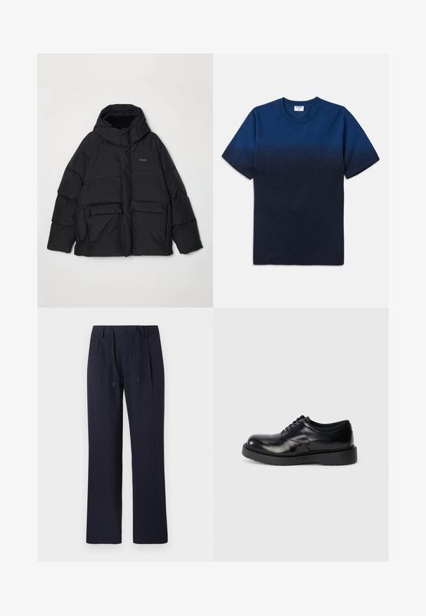 Holzweiler DOVRE JACKET - Down jacket - grey; Navy blue cotton t-shirt with a round neck, short sleeves, and a subtle gradient design transitioning from lighter to darker shades.; Navy blue trousers with a straight leg design, made from textured fabric. Features a front button closure and adjustable drawstring waist.; Black leather lace-up shoe with a rounded toe, smooth surface, and a thick rubber sole featuring subtle grooves for traction.