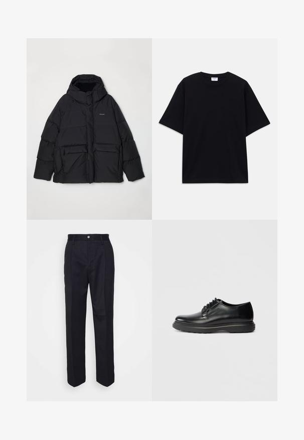 Holzweiler DOVRE JACKET - Down jacket - grey; Black short-sleeve oversized T-shirt with round neckline and visible Filippa K brand label inside the collar.; Black tailored trousers with a straight-leg design, made of smooth fabric, featuring a front button closure and two side pockets.; Black leather lace-up Oxford shoe with thick sole and "WATERMAN" embossed on side, shown in profile on light gray background.