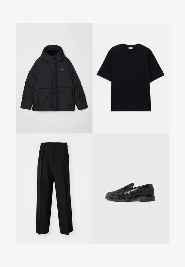 Holzweiler DOVRE JACKET - Down jacket - grey; Black short-sleeve oversized T-shirt with round neckline and visible Filippa K brand label inside the collar.; Black pleated trousers with a straight, wide-leg design. Made from smooth fabric, featuring a button closure and belt loops.; Black woven slip-on shoe with a smooth leather accent on the upper, a round toe design, and a low-profile rubber sole.