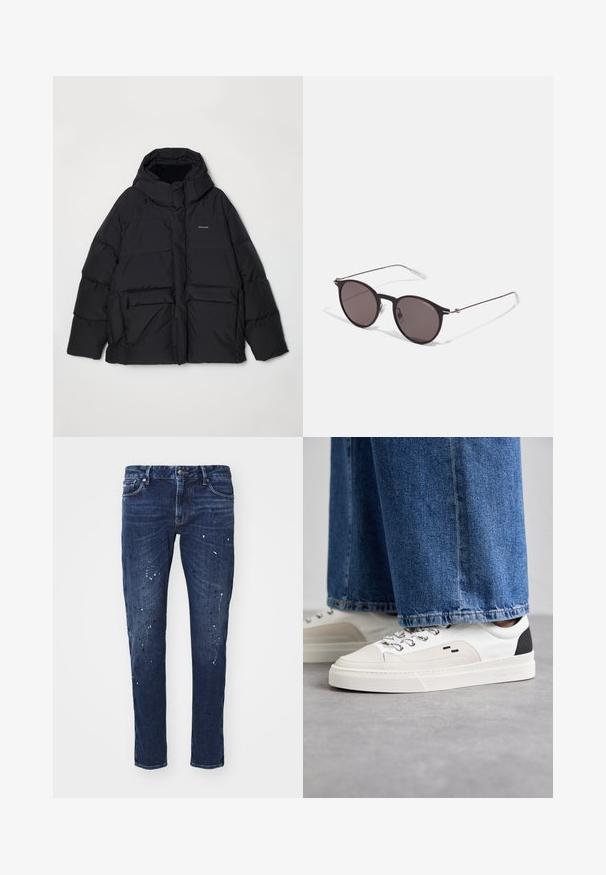 Holzweiler DOVRE JACKET - Down jacket - grey; Black cotton T-shirt featuring a round neckline, short sleeves, and "EMPORIO ARMANI" logo in white above "Milano" in a curved design.; Dark blue denim jeans with a slim fit, featuring paint splatters, visible stitching, and standard five-pocket design. Straight leg cut.; White and black sneakers with a smooth leather upper, textured accents, and a chunky white sole. Features a classic lace-up design.; Black round sunglasses with dark lenses and slim metal arms. Includes clear temple tips and silver accents at the hinge. Minimalist design.