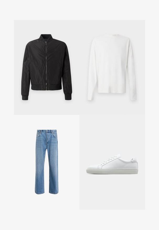 Black bomber jacket with a zip front, ribbed cuffs and hem, featuring a smooth, shiny texture and subtle embroidered logo on the chest.; Long-sleeved white cotton shirt with a round neckline, side slits at the bottom, and a smooth texture, displayed from the back.; Light blue denim jeans with a straight-leg design, five pockets, button closure, minimal fading, and contrasting stitching details.; White sneaker with a smooth leather upper and a low profile. Features a rounded toe, six eyelets, and a textured rubber sole.