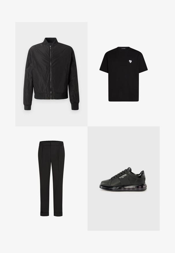 Musta bombers jope, millel on lukuga ees, soonikkoes ja hem, sujuva, läikiva tekstuur ja peenelt tikitud logo rinnal.; Mustvalg mustast puuvillast t-särk lühikeste varrukatega, ümar kaelus ja väike valge südame graafika vasakul rinnal.; Mustad püksid elastse vöökohtaga, sirge jala kujundusega ja üles keeratud äärtega. Valmistatud siledast, kudumisega kangast, ilma mustriteta.; Must mustad musta nahast ülemise osaga, ümarate varvaste ja paeltega disainiga. Omab läbipaistvat, pehmendatud tallat, millel on tume gradient.