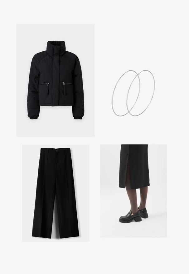 Černá zkrácená péřová bunda s vysokým límcem, dvěma zipovými předními kapsami, elastickými manžetami a hladkým povrchem.; Dvě bezrukávové halenky s ribovým stojáčkem v černé a bílé barvě, které mají přiléhavý střih a hladkou texturu, s krácenou délkou.; Černé široké kalhoty z lehkého materiálu s předním zapínáním na knoflík a hladkým předním dílem, s pečlivě přišitými lemy.; Černé kožené boty s kulatou špičkou, silným blokovým podpatkem a elastickými bočními akcenty, spárované s tmavými punčochami a černou sukní se rozparkem.; Stříbrné kruhové náušnice s minimalistickým designem. Kruh, hladký povrch a tenký profil. Lehká konstrukce s lesklým povrchem.