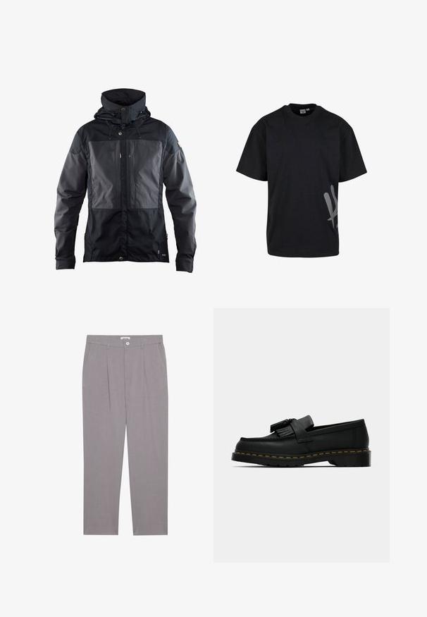 Fekete dzseki kéttónusú dizájnnal, sötétebb panellel az elején, állítható kapucnival és aranyszínű hardver kiegészítőkkel. Puha tapintású.; Fekete pamut póló rövid ujjal és kerek nyakkivágással, amelyen nagy szürke grafika található a bal oldalon. Puha tapintású, laza fazon.; Szürke, egyenes szabású, öltönyhöz illő nadrág, két elülső zsebbel, pliszékkel és gombos záródással. Könnyű anyagból készült.; Fekete bőr lófarok cipő, bojttal, sárga varrással a talp mentén, és vastag, bordás gumitalppal.