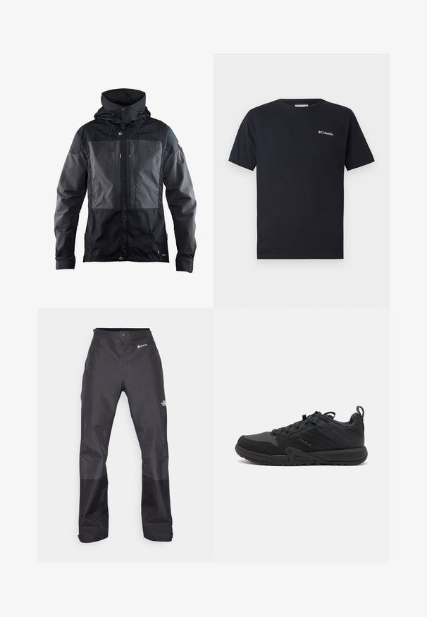 Fekete dzseki kéttónusú dizájnnal, sötétebb panellel az elején, állítható kapucnival és aranyszínű hardver kiegészítőkkel. Puha tapintású.; Fekete, rövid ujjú póló, amely pamutból készült, a bal mellrészen egy kis fehér Columbia logóval. Klasszikus kerek nyakú és laza szabású.; Fekete vízálló nadrág sima textúrával, elöl GORE-TEX logóval, és megerősített alsó lábrészekkel a tartósság érdekében.; Fekete sportcipő, hálós és velúr felsőrésszel, megerősített területekkel, kerek orral, texturált talppal és megerősített húzópánttal a sarkán.