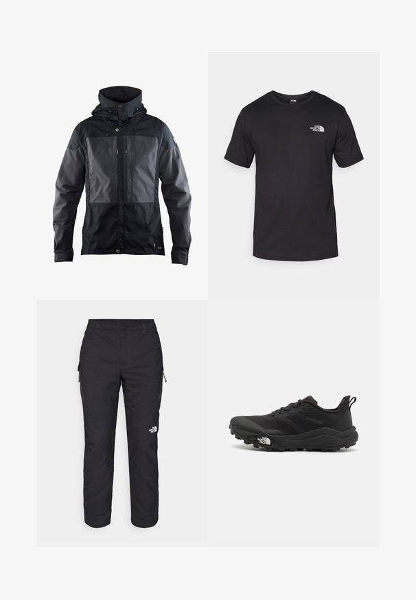 Veste noire avec un design bicolore, comportant un panneau plus foncé à l'avant, une capuche ajustable et des accents en métal doré. Texture douce.; T-shirt noir à manches courtes en coton, avec un col rond et un petit logo blanc sur le côté supérieur gauche de la poitrine.; The North Face WINTER EXPLORATION TAPERED CARGO - Pantalons outdoor - black; Chaussure de trail running noire avec une tige texturée, semelle en caoutchouc et bout renforcé. Présente un col rembourré et une tirette pour un enfilage facile.