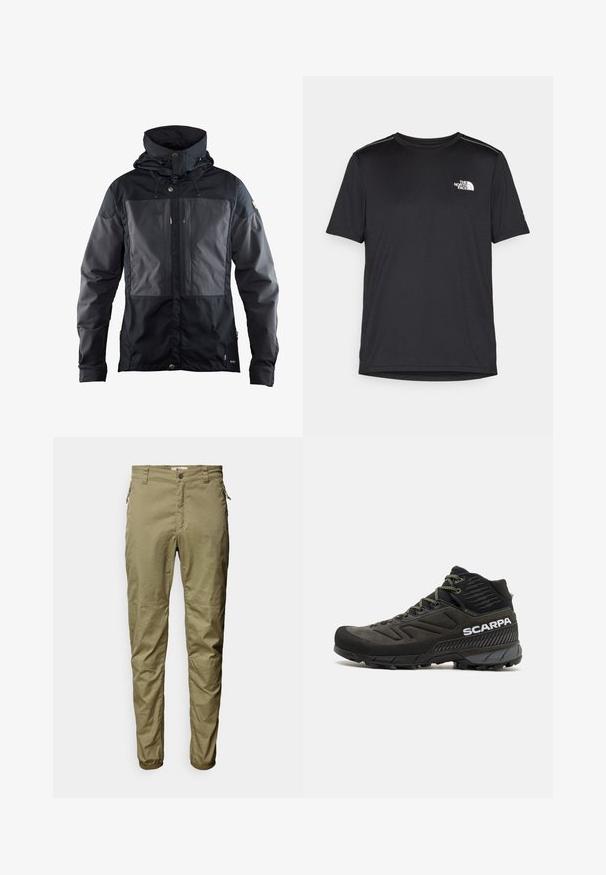 Μαύρο μπουφάν με διχρωμία, διαθέτει πιο σκούρο πάνελ στο μπροστινό μέρος, ρυθμιζόμενη κουκούλα και αξεσουάρ σε χρυσό τόνο. Μαλακή υφή.; Μαύρο κοντομάνικο T-shirt φτιαγμένο από ελαφρύ ύφασμα. Έχει ένα μικρό λευκό λογότυπο στο αριστερό στήθος και διακριτικές λεπτομέρειες στους ώμους.; Ελαιοπράσινα παντελόνια από ελαφρύ ύφασμα, με μπροστινές τσέπες, λεπτομέρεια με φερμουάρ στο πλάι και ελαστικές μανσέτες.; Μαύρο ορειβατικό παπούτσι με επάνω μέρος από σουέτ και πλέγμα, featuring πράσινα κορδόνια, ανθεκτική καουτσούκ σόλα και ανάγλυφες λεπτομέρειες. Το όνομα της μάρκας εμφανίζεται.