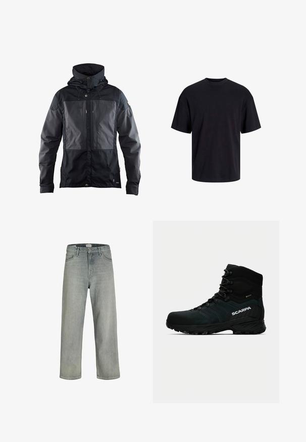 Černá bunda s dvoubarevným designem, která má tmavší panel na přední straně, nastavitelnou kapuci a zlaté kovové akcenty. Měkká textura.; Černé bavlněné tričko s kulatým výstřihem, krátkými rukávy a volným střihem. Hladká textura a žádné viditelné vzory ani akcenty.; Svetle šedé, volné džíny z denimu. Mají klasický design se pěti kapsami, poutky na opasek a rovný siluetu nohavic.; Černá turistická bota s texturovaným svrškem, voděodolnou podšívkou GORE-TEX, tvarovanou gumovou podrážkou a zesílenou podporou kotníku. Obsahuje značku SCARPA.
