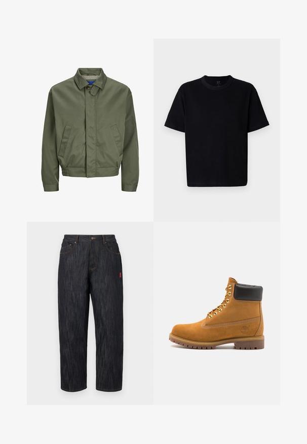 Oliwkowa kurtka bomberka z kołnierzem, zapięciem na guziki z przodu, dwoma bocznymi kieszeniami i elastycznymi mankietami u dołu. Wewnątrz ma wzór w kratę.; Czarna bawełniana koszulka z okrągłym dekoltem, krótkimi rękawami i prostym krojem. Charakteryzuje się minimalnym przeszyciem oraz miękką, gładką fakturą.; Ciemnoniebieskie dżinsy o luźnym kroju. Posiadają zapięcie na guzik, pięć kieszeni oraz kontrastowe pomarańczowe szwy. Czerwona metka z boku.; Beżowe zamszowe botki sięgające kostki z czarną wyściełaną krawędzią, złotymi oczkami, białymi detalami szycia oraz wytrzymałą gumową podeszwą z wyraźnym bieżnikiem.