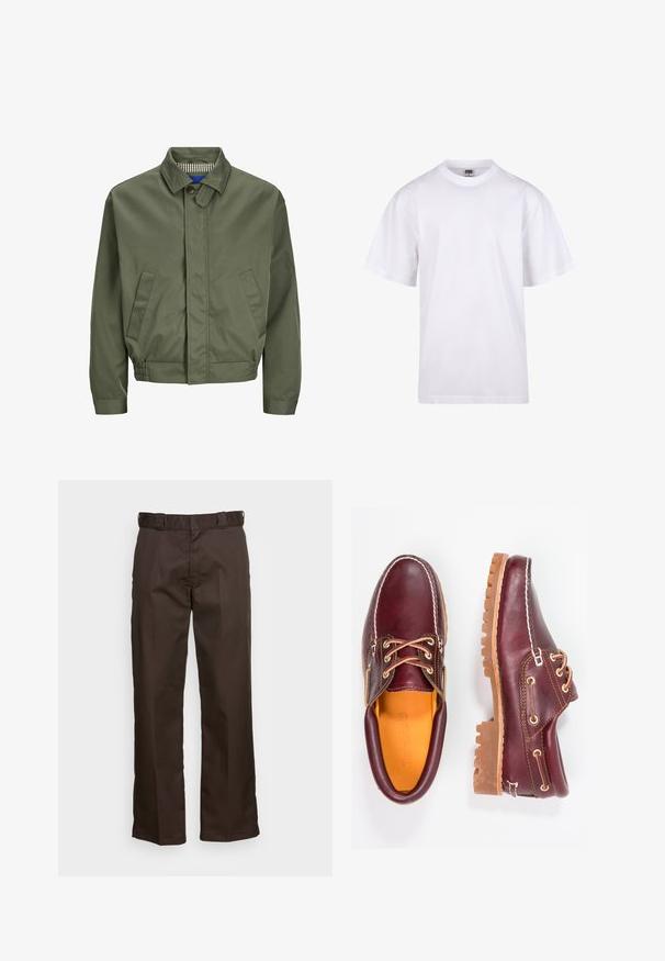 Olijfgroene bomberjack met een kraag, sluiting met knopen aan de voorkant, twee zijzakken en elastische manchetten aan de onderkant. De binnenkant heeft een geruit patroon.; Witte katoenen t-shirt met een ronde hals, korte mouwen en een relaxte pasvorm. Heeft een eenvoudig ontwerp zonder patronen of accenten.; Bruine broeken met een recht model, met een platte voorkant, riemlussen en een stevige textuur. Eenvoudig ontwerp zonder patronen of accenten.; Bordeaux leren schoenen met bruine rubberen zolen, ronde neus, witte stiksels en gouden veterogen. Het interieur heeft een gele voering.