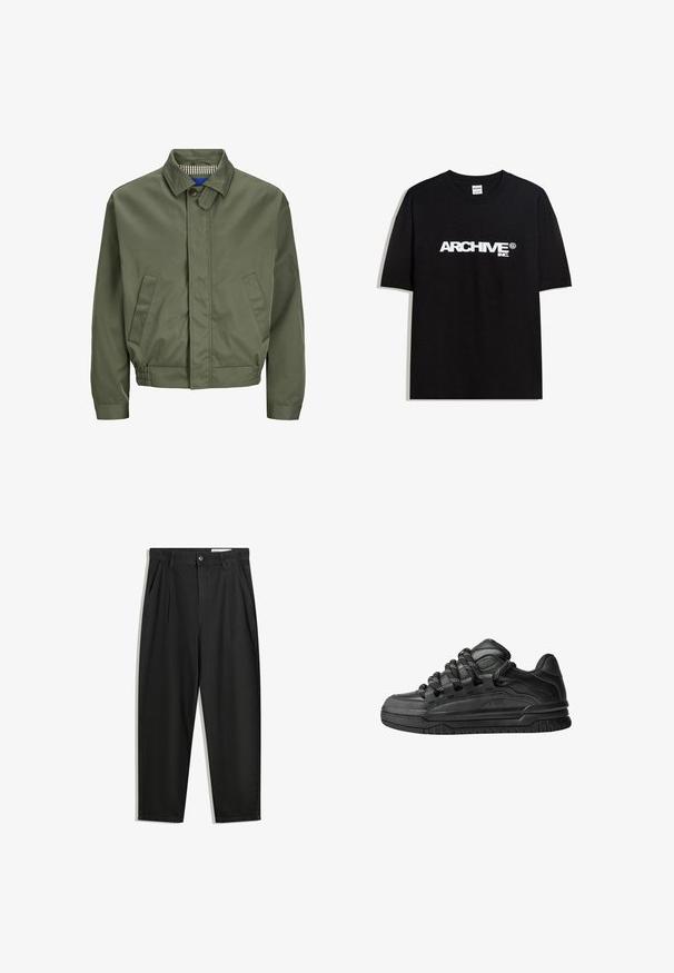 Giubbotto bomber verde oliva con colletto, chiusura frontale con bottoni, due tasche laterali e polsini elasticizzati all'orlo. L'interno ha un motivo a quadretti.; T-shirt in cotone nero con il logo bianco "ARCHIVE inc." stampato sul petto, maniche corte e colletto a girocollo.; Pantaloni in cotone neri con una vestibilità rilassata, dotati di una vita classica, pieghe frontali e tasche laterali. Tessuto liscio senza fantasie.; Sneaker nere con una toma in pelle liscia, dettagli testurizzati e lacci tondi neri e bianchi. Suola spessa in gomma con battistrada gommato.