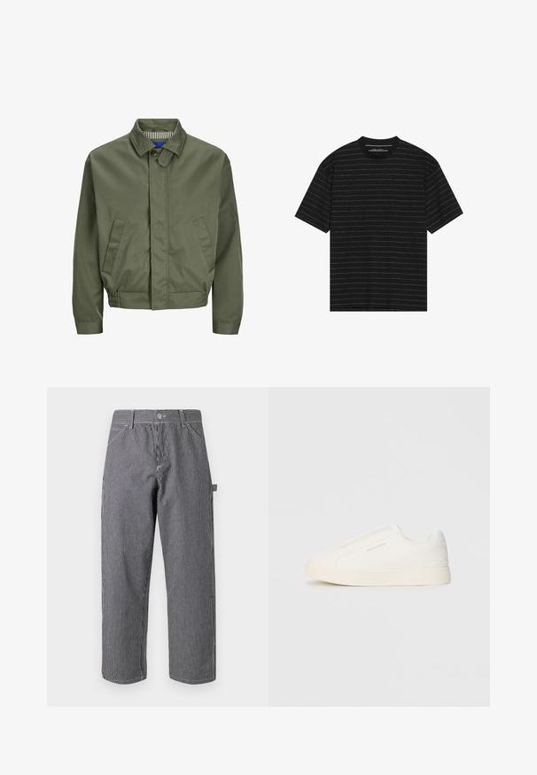 Olivová bombrová bunda s golierom, predným zapínaním na gombíky, dvoma bočnými vreckami a elastickými manžetami v oblasti pása. Interiér má károvaný vzor.; Čierne tričko s krátkym rukávom, ktoré má tenké biele horizontálne pruhy. Vyrobené z mäkkej tkaniny s okrúhlym výstrihom a voľným strihom.; Pruhované nohavice vyrobené z bavlnenej zmesi, s vertikálnymi čierno-bielymi pruhmi, zapínaním na gombík a bočným vreckovým dizajnom.; Biele slip-on tenisky s textúrovaným povrchom, hrubou podrážkou a minimalistickým dizajnom. Obsahuje logo značky na boku.