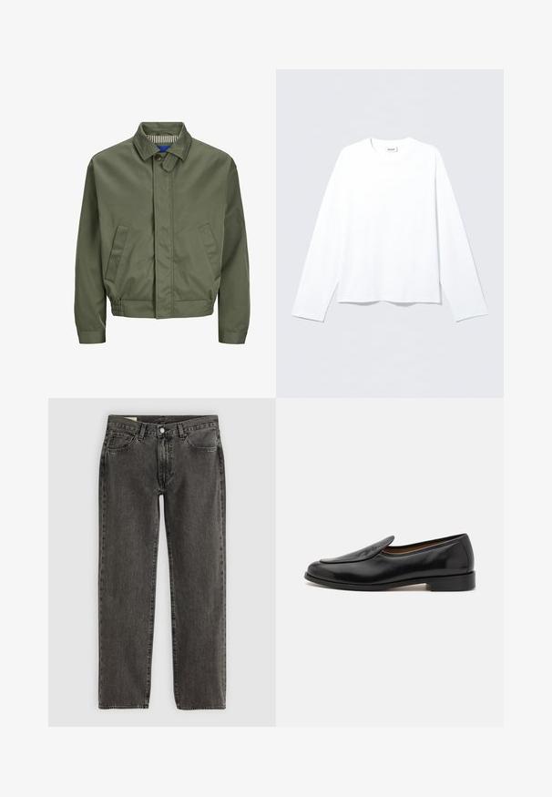 Giubbotto bomber verde oliva con colletto, chiusura frontale con bottoni, due tasche laterali e polsini elasticizzati all'orlo. L'interno ha un motivo a quadretti.; Camicia bianca a maniche lunghe realizzata in tessuto morbido, con scollo arrotondato e vestibilità ampia. Tessuto liscio senza motivi o decorazioni.; Jeans dritti neri sbiaditi con cinque tasche, chiusura con bottone e passanti per cintura, stesi su uno sfondo bianco.; Mocassini in pelle nera con finitura liscia, punta arrotondata, tacco basso e fessure laterali per un facile indossamento. Presentano un discreto logo sulla parte anteriore.