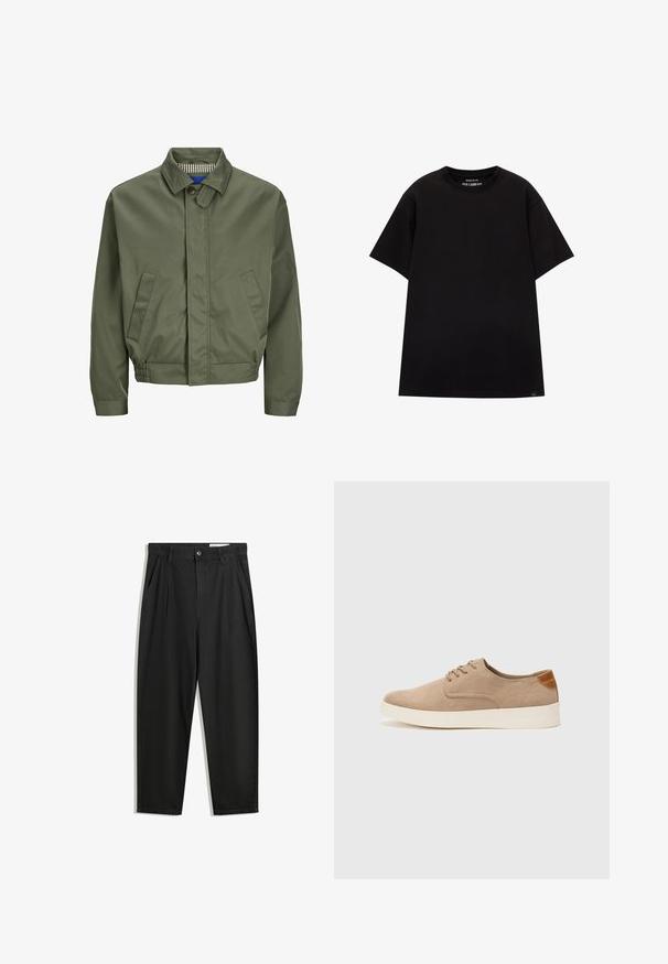 Olive green bomber jacket with a collar, front button closure, two side pockets, and elastic cuffs at the hem. Interior has a checkered pattern.; PULL&BEAR JOIN LIFE - Basic T-shirt - black; Black cotton trousers with a relaxed fit, featuring a classic waistband, front pleats, and side pockets. Smooth texture without patterns.; Beige suede sneakers with a rounded toe, lace-up front, and a textured back accent. White rubber sole provides contrast. Simple and modern design.