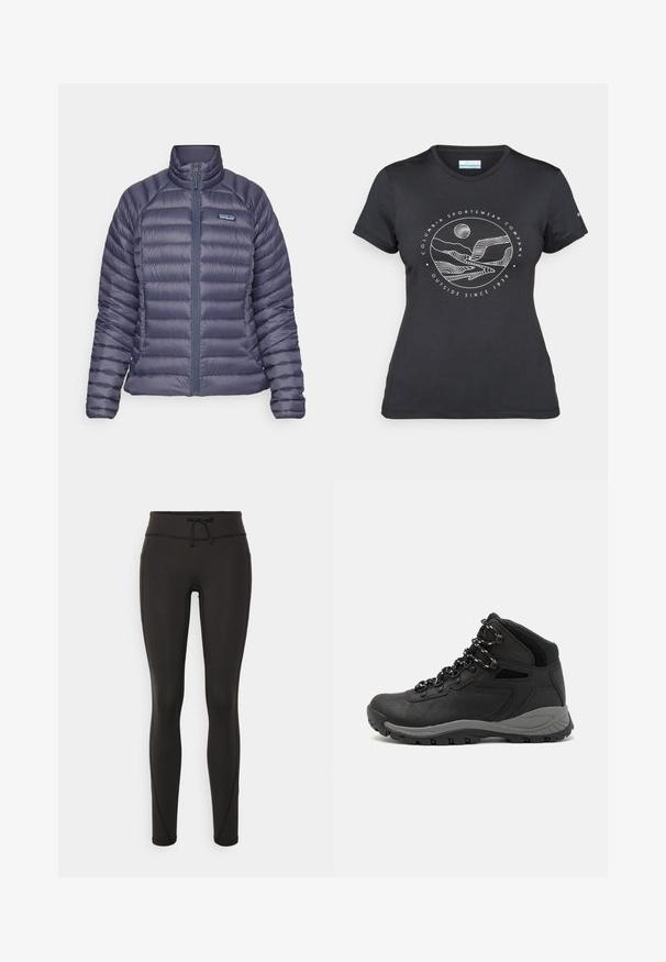 Marinblå puffjacka med ståkrage, dragkedjefront och horisontellt quiltmönster. Har sidofickor och en logotyp på bröstet.; Svart Columbia-t-shirt med vit cirkulär linjekonst av berg och flod samt texten "Columbia Sportswear Company Outside Since 1938."; Svarta leggings med hög midja, snörning, slät textur och figurnära design. Har sömnadsdetaljer längs sidorna.; Svart vandringskänga med mellanhög design, som har en texturerad överdel, grå accenter och en slitstark gummisula med greppklackar.