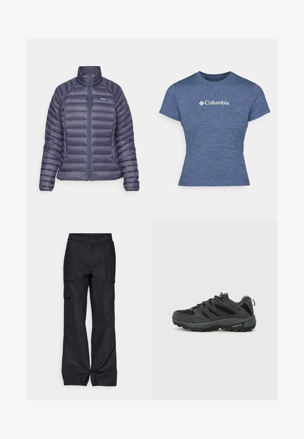 Tumši zils pūšamais mētelis ar stāvo kaklu, ar rāvējslēdzēju priekšā un horizontālu quilted rakstu. Iekļauj sānu kabatas un logotipu uz krūšu.; Zila īsām piedurknēm T-kreklu no teksturēta auduma, ar baltu Columbia logo uz krūtīm, apaļu kaklu un pieguļošu dizainu.; Columbia BREA FALLS™ COTTON RIPSTOP PANT - Āra bikses - black; Columbia REDMOND - Pārgājienu apavi - black/citron haze