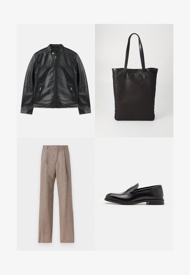 Černá kožená bunda s vysokým límcem, předním zipem, zapínáním na patentku na krku a dvěma vertikálními zipovými kapsami po stranách.; Světle modrá košile s dlouhými rukávy, špičatým límcem, černými knoflíky a unikátním výřezem vpředu pro výjimečný design.; Hnědé kalhoty s vysokým pasem vyrobené z texturované látky. Mají široké nohavice a dva přední sklady pro strukturu. Úhledné provedení bez viditelné kovových částí.; Černé kožené polobotky s hladkou texturou, zaoblenou špičkou a zdobným páskem přes nárt. Nízký stohovaný podpatek, minimalistický design.; Černá plátěná taška s černými koženými uchy. Jednoduchý design, prostorné tělo a hladký povrch. Žádné viditelné loga ani vzory.