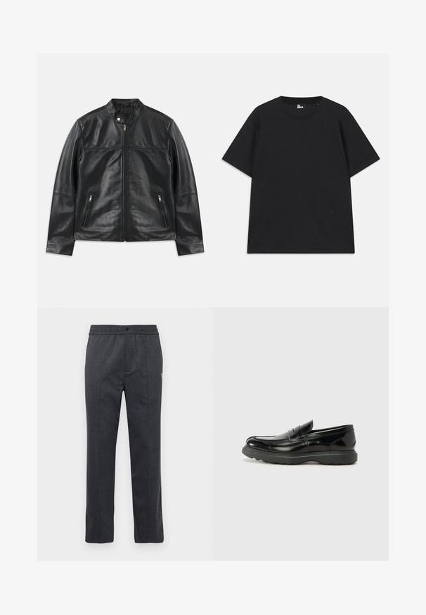 Jaqueta de couro preta com gola alta, fecho em zíper à frente, fecho em botão de pressão no pescoço e dois bolsos laterais verticais com zíper.; Camiseta preta de mangas curtas em algodão, com decote redondo e um pequeno detalhe de logo perto da bainha. Textura suave, corte regular.; Calças retas cinza-escuras com cintura elástica, fecho frontal com botão e detalhe bordado subtil do lado direito.; Mocassim de couro preto com acabamento brilhante, bico arredondado, detalhes de costura subtil e sola de borracha espessa para durabilidade.