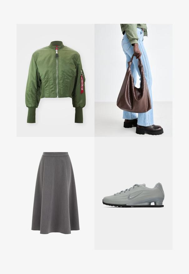 Gekürzte Bomberjacke in Olivgrün, aus glattem Nylon, mit einem Frontreißverschluss, geripptem Kragen und einem roten Akzentlabel am Ärmel.; Grauer Strickpullover mit langen Ärmeln, Rippbündchen und Saum. Rundhals mit lockerer Passform und weichem Material. Keine sichtbaren Muster oder Akzente.; Grauer A-Linien-Rock mit glatter Textur, gefälteltem Design und taillierter Passform. Der Stoff wirkt leicht und fällt sanft.; Seitenansicht eines hellgrauen Nike-Sneakers mit Schnürsenkeln, einem Swoosh-Logo und einer transparenten Dämpfungsohle auf einem schlichten Hintergrund.; Braune gewebte Leder-Handtasche mit geknoteten Griffen, die von einer Person in hellblauen Jeans und schwarzen klobigen Schuhen getragen wird. Glatte, strukturierte Oberfläche.