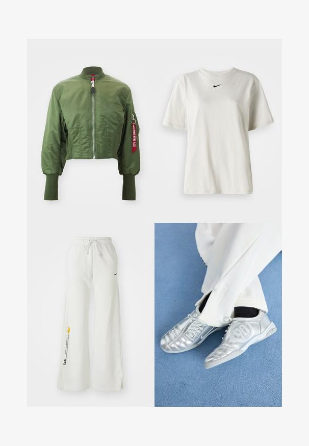 Korte bomberjack in olijfgroen, gemaakt van glad nylon, met een rits aan de voorkant, ribgebreide kraag en een opvallend rood label op de mouw.; Witte katoenen t-shirt met een ronde halslijn en korte mouwen. Heeft een klein zwart Nike-logo op de borst. Eenvoudig en onopgesmukt ontwerp.; Witte, wijde sweatpants met een elastische tailleband, trekkoord, zijslitsen, zwart Nike-logo en contrasterende gele grafische tekst.; Zilveren sportschoenen met een gladde, glanzende afwerking, voorzien van een gestikt ontwerp en het nummer 90 aan de zijkant, gecombineerd met witte broek.