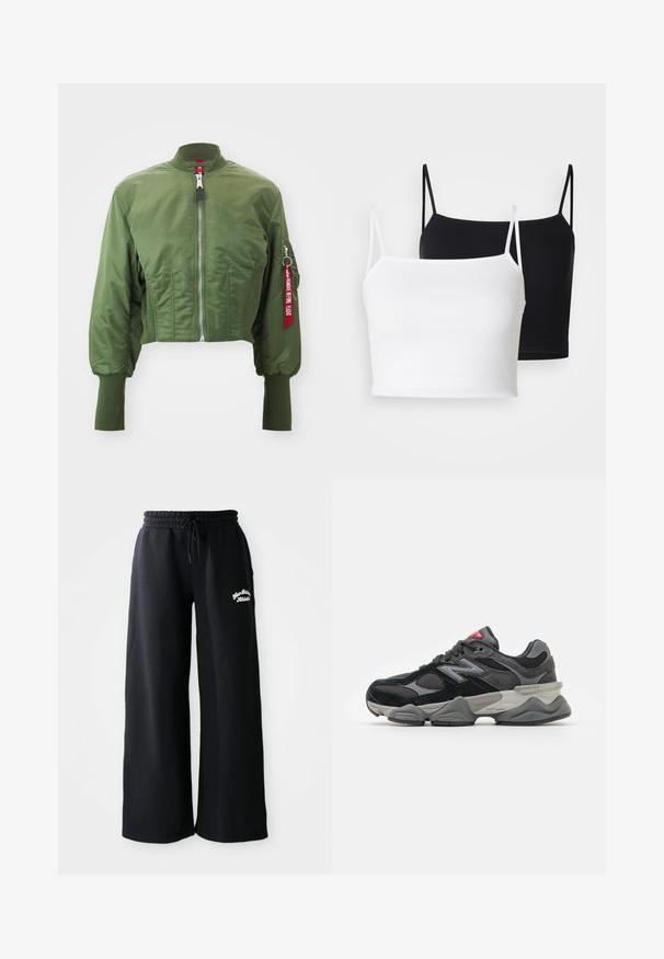 Krótkia kurtka bombowca w oliwkowym kolorze, wykonana z gładkiego nylonu, z zamkiem błyskawicznym z przodu, prążkowanym kołnierzem oraz akcentującą czerwoną metką na rękawie.; Dwie prążkowane koszulki na ramiączkach w kolorze białym i czarnym, z cienkimi regulowanymi ramiączkami i skróconym krojem. Miękka tkanina o gładkiej fakturze.; Czarne długie spodnie dresowe o szerokim kroju z elastycznym pasem. Posiadają haftowany napis po lewej stronie, wykonane z miękkiego materiału z mieszanki bawełny.; Czarno-szare sneakersy z połączeniem materiałów zamszowych i siateczkowych, gruba podeszwa, wyraźne logo oraz czerwony akcent na języku.