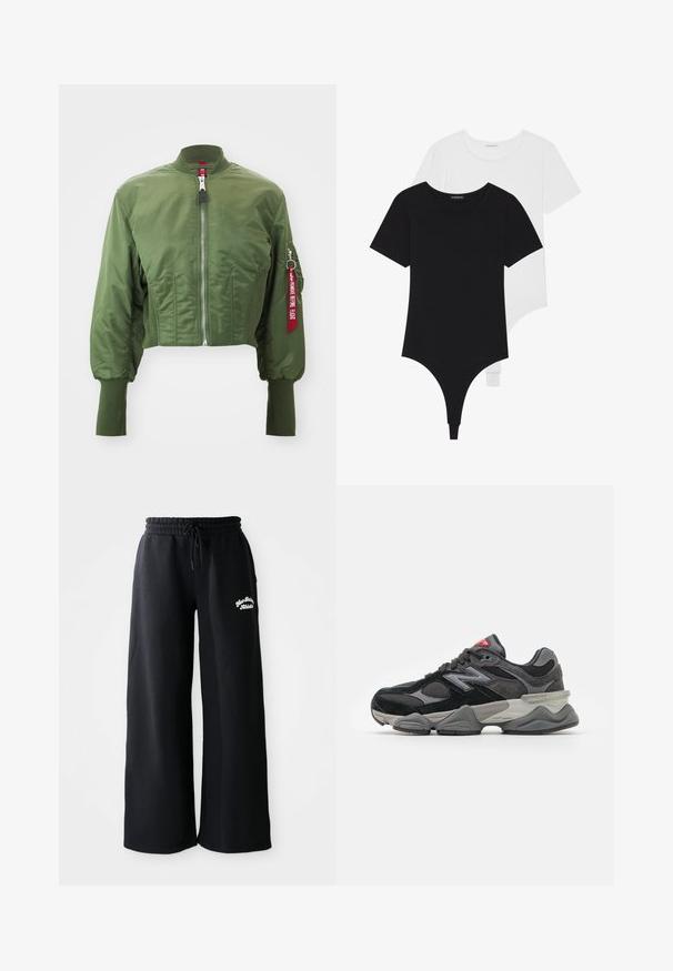 Krótkia kurtka bombowca w oliwkowym kolorze, wykonana z gładkiego nylonu, z zamkiem błyskawicznym z przodu, prążkowanym kołnierzem oraz akcentującą czerwoną metką na rękawie.; Czarno-białe bodysuits z krótkim rękawem, okrągłymi dekoltami i majtkami typu thong, wykonane z gładkiego, elastycznego materiału.; Czarne długie spodnie dresowe o szerokim kroju z elastycznym pasem. Posiadają haftowany napis po lewej stronie, wykonane z miękkiego materiału z mieszanki bawełny.; Czarno-szare sneakersy z połączeniem materiałów zamszowych i siateczkowych, gruba podeszwa, wyraźne logo oraz czerwony akcent na języku.