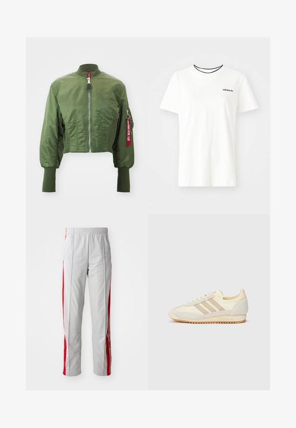 Iekļauta bumbieru jakas apgrieztā versija olīvu zaļā krāsā, izgatavota no gludas neilona, ar priekšējo rāvējslēdzēju, ribotu apkakli un akcentējošu sarkanu birku uz piedurknes.; Balta kokvilnas T-krekls ar īsām piedurknēm un apļveida kakla izgriezumu. Piedāvā melnu Adidas logotipu uz krūtīm un kontrastējošu melnu iekšējo apkakli.; Pelēki sporta bikses ar sarkanām sānu svītrām, elastīga josta, taisns griezums, poliesteris, ar Adidas logo uz apakšējās kājas.; Krēma krāsas sporta apavi ar trim beiga joslām, izgatavoti no zamša un tekstila materiāliem, ar fakturētu zoli un iegravētu zīmolu uz papēža.