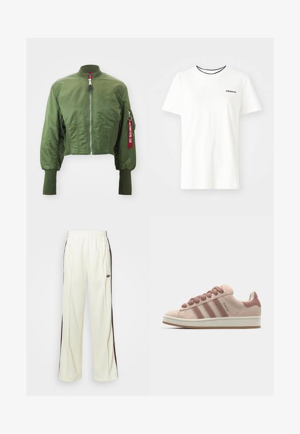 Jachetă bomber scurtă, de culoare verde măslinie, confecționată din nailon neted, cu fermoar frontal, guler ribbed și o etichetă roșie pe mânecă.; Tricou alb din bumbac cu mâneci scurte și guler rotund. Prezentă un logo Adidas negru pe piept și un guler interior contrastant de culoare neagră.; Pantaloni sport de culoare crem, cu o croială lejeră, având dungi laterale de culoare maro închis și un logo brodat pe coapsa stângă.; Adidași din suede roz, cu trei dungi roz mai închise, șireturi rotunde și o talpă intermediară albă. Construiți cu un guler căptușit pentru confort.