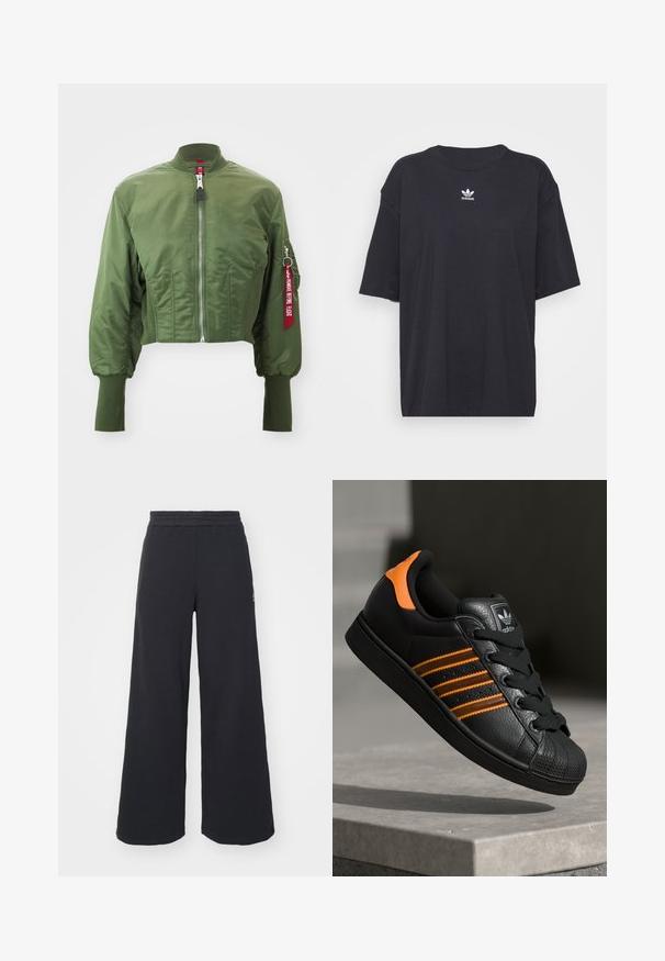 Gekürzte Bomberjacke in Olivgrün, aus glattem Nylon, mit einem Frontreißverschluss, geripptem Kragen und einem roten Akzentlabel am Ärmel.; Schwarzes Baumwoll-T-Shirt mit kurzen Ärmeln, rundem Halsausschnitt, mit einem weißen Adidas-Logo auf der Brust. Einfaches Design, lockere Passform.; Schwarze weite Sweatpants aus weichem Material, mit einem elastischen Taillenbund und einem kleinen Logo auf der linken Seite.; Schwarze Sneaker mit orangen Akzenten, drei horizontalen Streifen, strukturiertem Lederobermaterial, Gummikappe und schwarzen Schnürsenkeln.