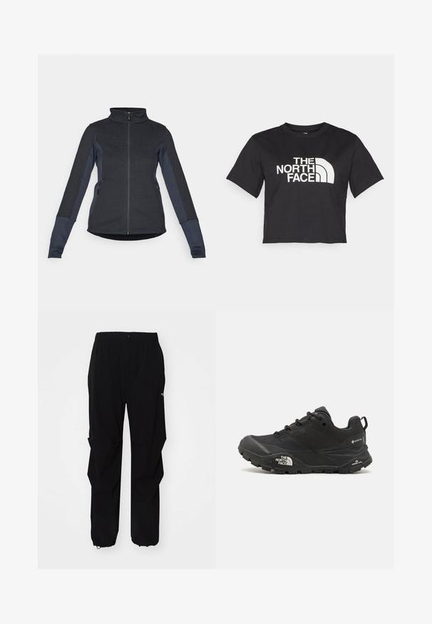 Dark gray zip-up jacket with textured body, smooth sleeves, and side pockets. High collar and fitted design enhance functionality.; Black cropped t-shirt made of cotton, featuring a white logo with curved accents and text "THE NORTH FACE" on the front. Short sleeves, crew neck.; Black outdoor pants made from durable material, featuring a relaxed fit, elastic waistband, and cinched cuffs for adjustable length.; Black hiking shoe with a textured upper, lace closure, and a chunky rubber sole featuring a prominent logo on the side and tread patterns.