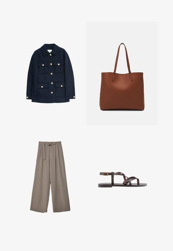 Giacca in misto lana blu navy con colletto classico, chiusure a bottoni dorati e quattro tasche anteriori con pattina. Texture liscia con una vestibilità strutturata.; Maglione a maglia marrone con scollo rotondo, spalle scese e polsini a costine. Texture morbida, design corto e vestibilità ampia.; Pantaloni a gamba larga in un morbido tessuto grigio tenue, con vita con cintura e pieghe per un tocco di design aggiuntivo. Texture liscia, senza motivi.; Sandal in pelle marrone con cinturini incrociati, chiusura con cinturino alla caviglia e suola piatta con dettagli di cucitura minimi.; Borsa tote in pelle marrone con texture liscia, design con apertura superiore e due spallacci. Presenta cuciture minime e nessun hardware visibile.