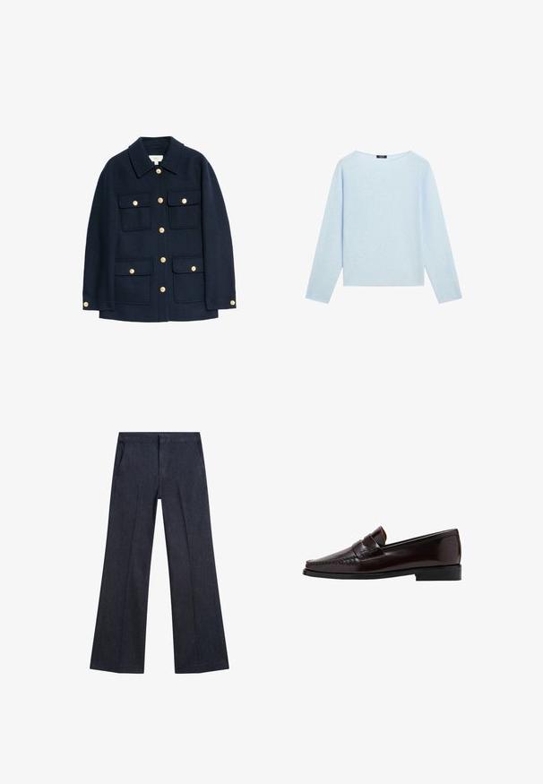 Mörkblå ullblandad jacka med klassisk krage, guldknappstängning och fyra framfickor med lock. Slät textur med en strukturerad passform.; Ljusblå långtärmad tröja med bred båthals och rak fåll, uppvisad mot en vit bakgrund.; Mörkblå denimbyxor med vida ben, framfickor, en slät textur och platt midjeband. Har skräddarsydda veck på benen.; Brun läderloafers med moccasin-stil framtill, höjd söm längs vaden och en låg svart gummisula. Slät, polerad yta.