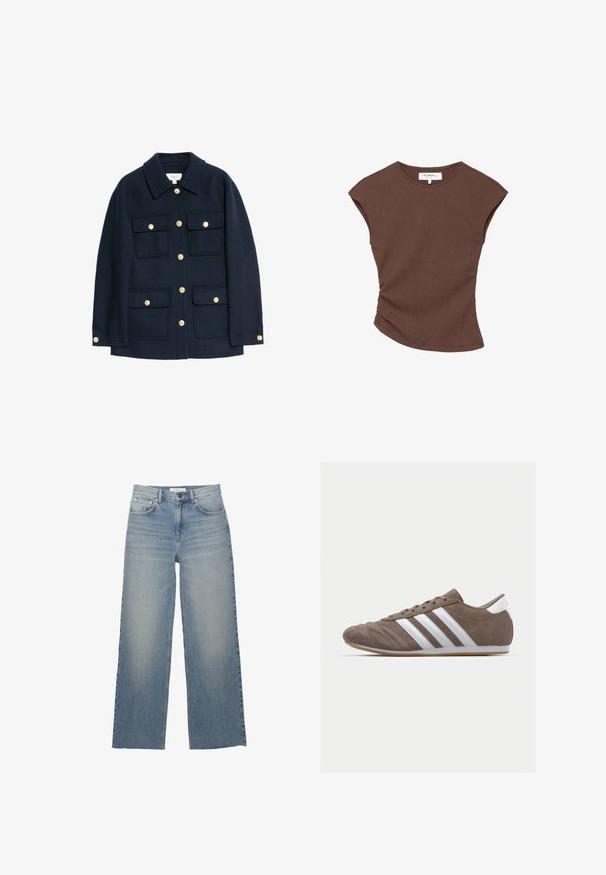 Giacca in misto lana blu navy con colletto classico, chiusure a bottoni dorati e quattro tasche anteriori con pattina. Texture liscia con una vestibilità strutturata.; Top corto a maniche corte marrone a coste con orlo leggermente curvato. Texture morbida e vestibilità rilassata, presenta un collo rotondo e cuciture minime.; Jeans a gamba larga di un azzurro chiaro, realizzati in denim, con vita alta, tasche frontali e chiusura con bottone. Texture liscia con zone sbiadite.; Scarpa sportiva in suede marrone con strisce bianche, punta tonda, design con lacci e suola in gomma. Parte superiore testurizzata con dettagli cuciti.