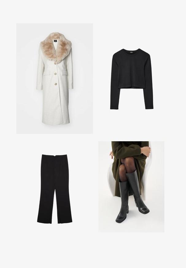 ONLY ONLLIVA NANCY LIFE COAT - Klasičan kaput - whitecap gray melange; Crni dugi rukav uski crop top s okruglim izrezom, jednostavnog dizajna i blago zakrivljenim rubom.; Crne hlače ravnog kroja, s prednjim džepovima i bočnim prorezima na rubu. Izrađene od mekog i glatkog materijala. Pogodne za razne prigode.; Čizme od crne kože do koljena sa četvrtastim vrhom i blok petom, prikazane s manekenkom koja sjedi u maslinasto zelenom kaputu. Glatka tekstura, minimalni detalji.