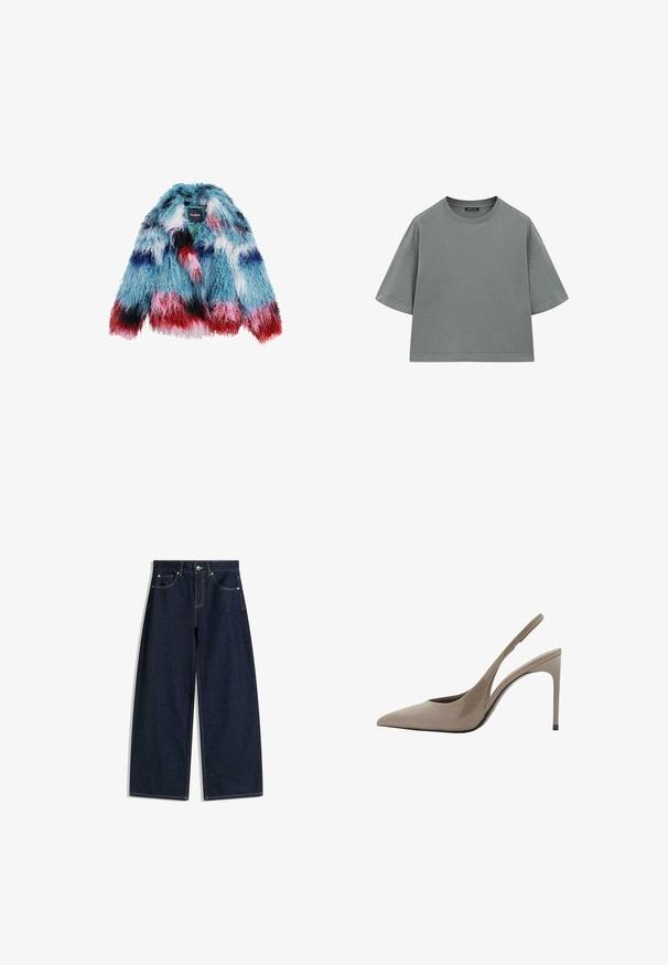 Faux kožešinová bunda se živou modrou, růžovou a červenou barevnou kombinací; huňatá textura; krátké rukávy a volný střih; viditelný štítek značky uvnitř.; Šedé bavlněné tričko s uvolněným, čtvercovým střihem, krátkými rukávy a kulatým výstřihem. Obsahuje viditelné švy podél okrajů.; Tmavě modré džínové kalhoty širokých nohavic s předními kapsami, zapínáním na knoflíky a viditelným prošitím na bílém pozadí.; Béžové lakované kožené lodičky s otevřenou patou, špičatou špičkou a elegantním designem, se štíhlým vysokým podpatkem a výřezem na straně.
