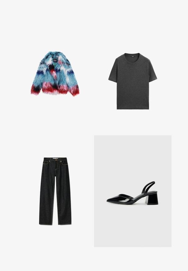 Kunstfelljacke mit einem lebhaften Blau-, Pink- und Rotton; fusselige Textur; kurze Ärmel und lockere Passform; Markenetikett innen sichtbar.; Dunkelgraues T-Shirt mit kurzen Ärmeln aus weichem Baumwollstoff. Es verfügt über einen klassischen Rundhalsausschnitt und einen geraden Saum ohne Muster oder Akzente.; Dunkelblaue Jeans mit geradem Schnitt, Messingknopfverschluss und kontrastierenden gelben Nähten. Verfügt über fünf Taschen und eine klassische Passform.; Schwarze Lackleder-Slingback-High Heels mit spitzem Schuh und einem geometrischen Blockabsatz. Verfügt über ein schlankes, minimalistisches Design und eine glatte Textur.