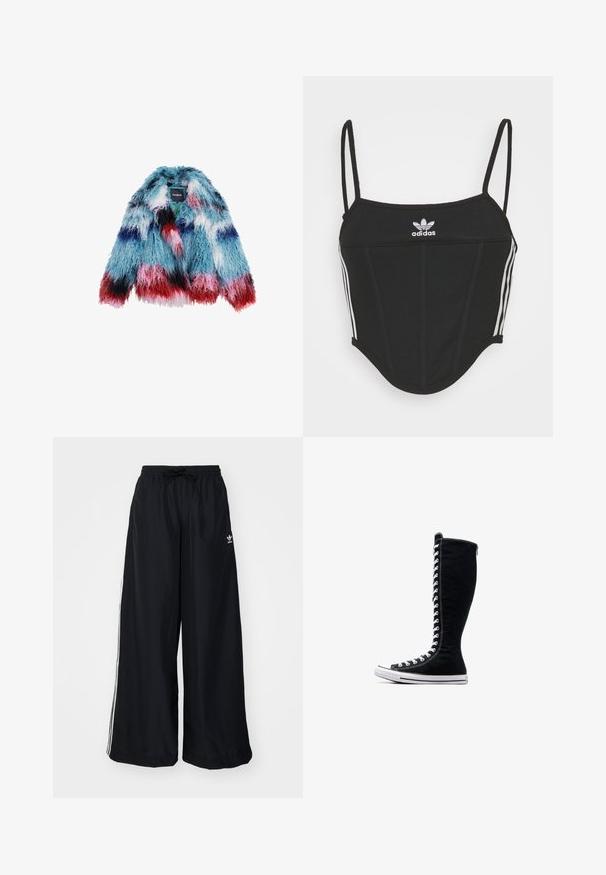 Chaqueta de piel sintética con una vibrante combinación de colores azul, rosa y rojo; textura deshecha; mangas cortas y un ajuste holgado; etiqueta de la marca visible en el interior.; Top corto negro con canalé y tirantes finos ajustables, que presenta tres rayas blancas a los lados y un pequeño logo de Adidas blanco en el centro.; Pantalones anchos negros hechos de tejido ligero. Cuenta con una cintura elástica con cordón y rayas laterales blancas. Logo de la marca en la cadera.; Zapatillas altas negras de lona con un diseño alto. Cuentan con cordones y costuras blancas, y una suela de goma con una puntera.