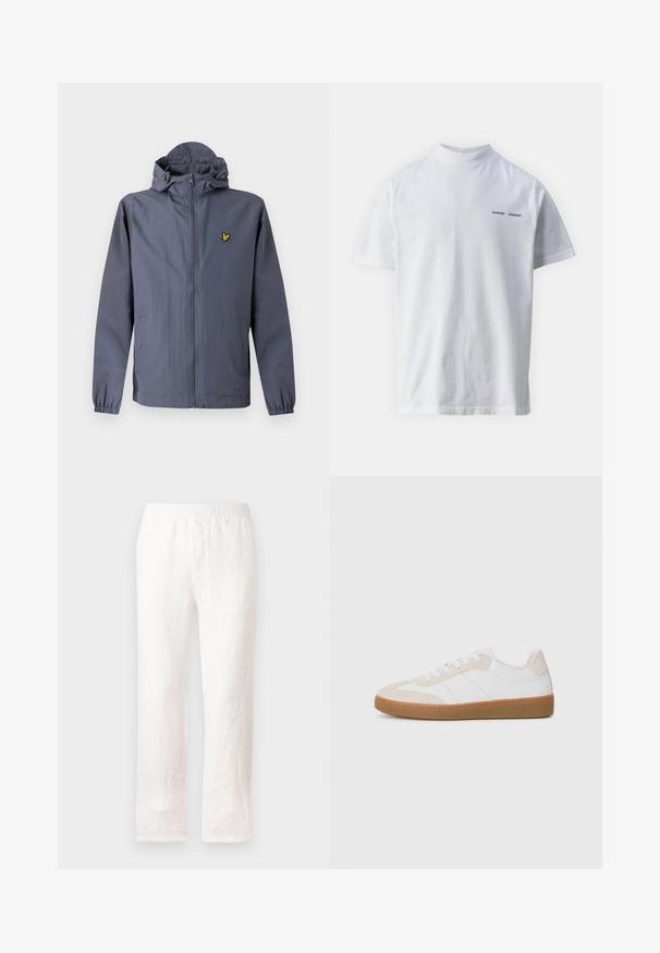 Mørkegrå hettegenser med glidelås, elastiske mansjetter, sidelommer med trykknapper og en liten gul fuglelogo på brystet.; Hvit bomulls t-skjorte med høy hals og korte ermer. Har "SAMSØE SAMSØE" logo i svart på fronten. Glatt tekstur.; Hvite linbukser med elastisk midje, rett ben-design og en lett strukturert tekstur. Uten mønstre eller ekstra detaljer.; Hvit og beige sneaker med semsket skinn og lær-elementer. Har gummisåle, snøring og minimalistiske side-striper.