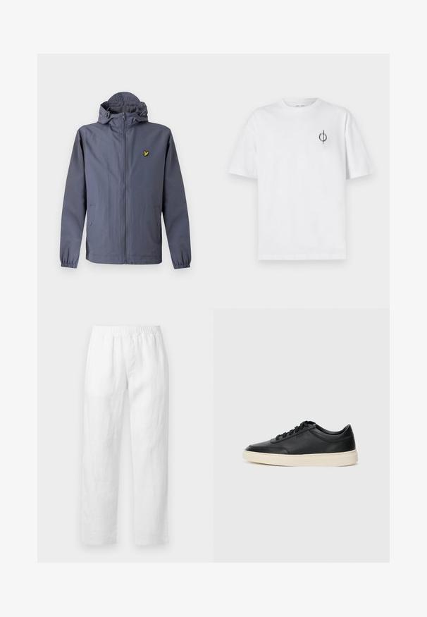 Dark gray zip-up hooded jacket with elastic cuffs, side pockets with snap buttons, and a small yellow bird logo on the chest.; White cotton t-shirt with a relaxed fit, featuring a small black graphic logo on the left chest area. Short sleeves, crew neck style.; White linen pants featuring an elastic waistband, straight-leg fit, and soft texture with no visible patterns or hardware details.; Black low-top leather sneaker with black laces and off-white sole shown in side profile on white background.