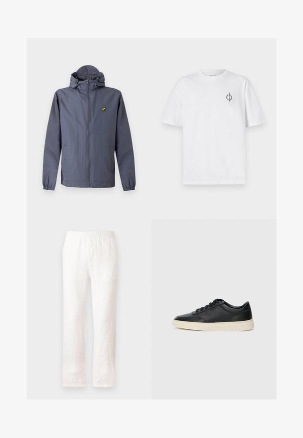 Dark gray zip-up hooded jacket with elastic cuffs, side pockets with snap buttons, and a small yellow bird logo on the chest.; White cotton t-shirt with a relaxed fit, featuring a small black graphic logo on the left chest area. Short sleeves, crew neck style.; White linen pants with an elastic waistband, straight leg design, and slightly textured fabric. No patterns or additional details.; Black low-top leather sneaker with black laces and off-white sole shown in side profile on white background.