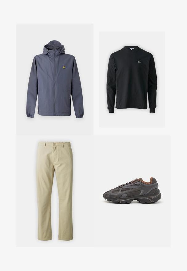 Temno siva zip-up kapuca jakna z elastičnimi manšeti, stranskimi žepi s pritisnimi gumbi in majhnim rumenim ptico logotipom na prsih.; Črna dolgi rokavi majica iz bombaža, z okroglim ovratnikom in majhnim zelenim vezenim logotipom krokodila na levem prsnem delu.; Bež bombažne hlače s ravnim krojem, sprednjim gumbom in zankami za pas. Gladka tekstura, brez vidnih vzorcev ali akcentov.; Lacoste teniske v temno sivi barvi z mrežasto in sintetično prevleko, s teksturiranim podplatom in rjavimi detajli na ovratniku ter blagovni znamki.